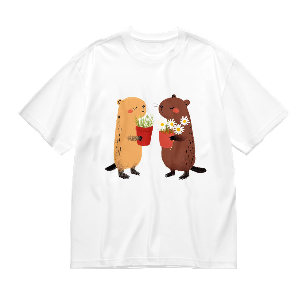 Cute Beavers Holding Flower Pots Graphic Print T-Shirt