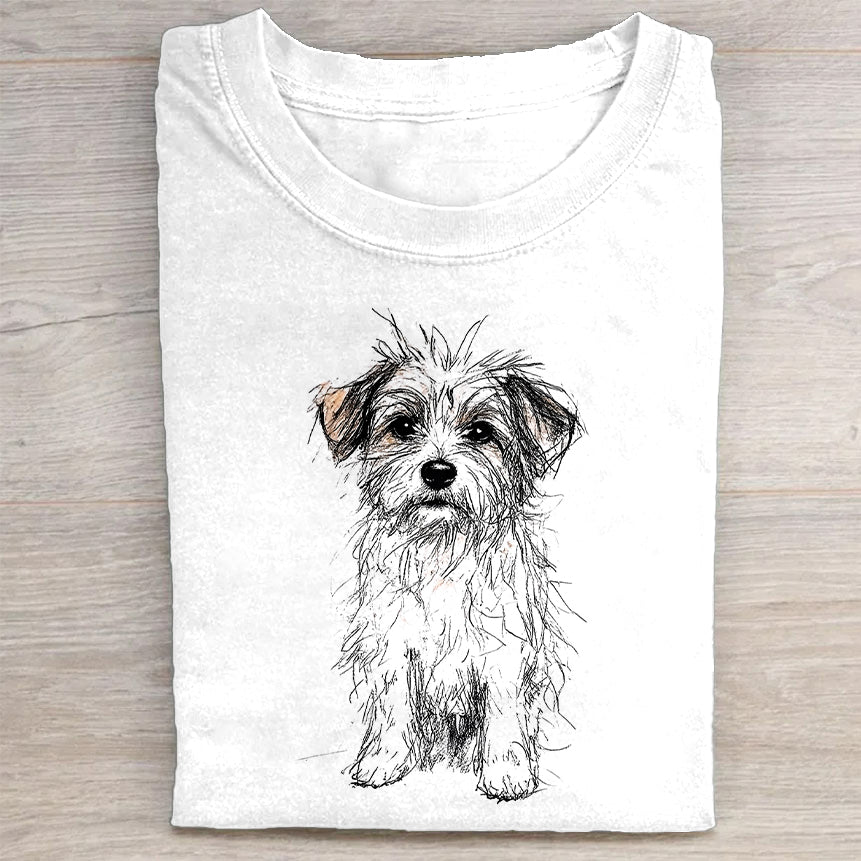 Cute Dog Sketch Print Casual T-Shirt