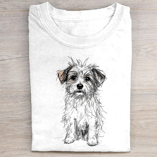 Cute Dog Sketch Print Casual T-Shirt