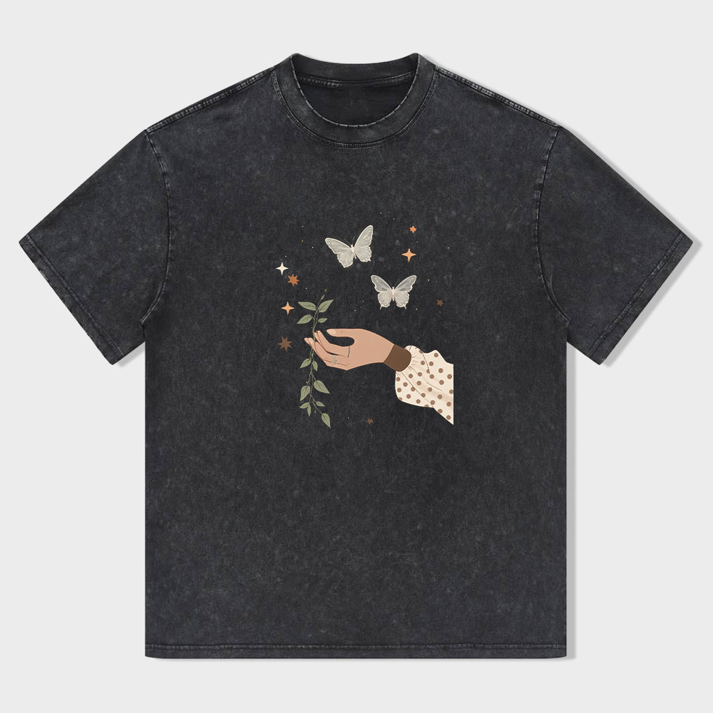 Butterfly Garden Print Women's Casual Short Sleeve T-Shirt