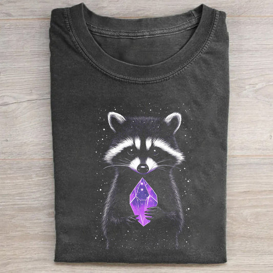 Raccoon with Purple Crystal Graphic T-Shirt