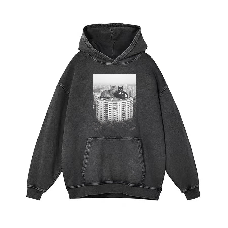 Black Graphic T-Shirt with Cat Print - Oversized Fit T-Shirt