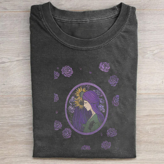 Purple Floral Portrait Graphic T-Shirt