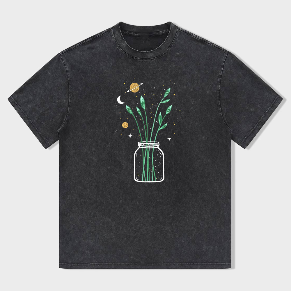 Short Sleeve Black T-Shirt with Jar of Plants and Celestial Elements Print for Casual Wear