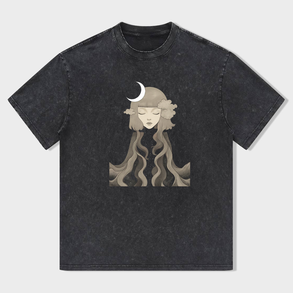 Short Sleeve Black T-Shirt with Celestial Goddess Print for Casual Wear