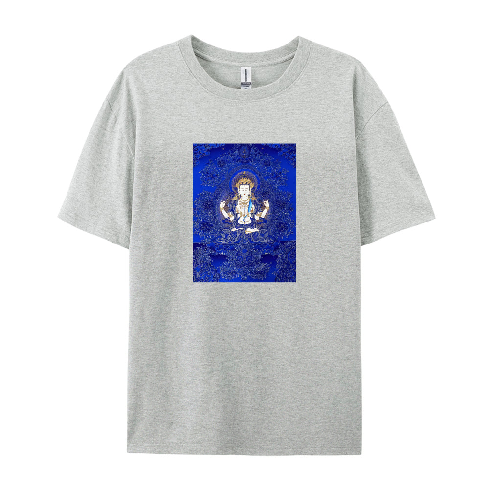 White T-Shirt with Blue Tibetan Buddha Design for Men Women Unisex Casual Wear Spiritual Clothing