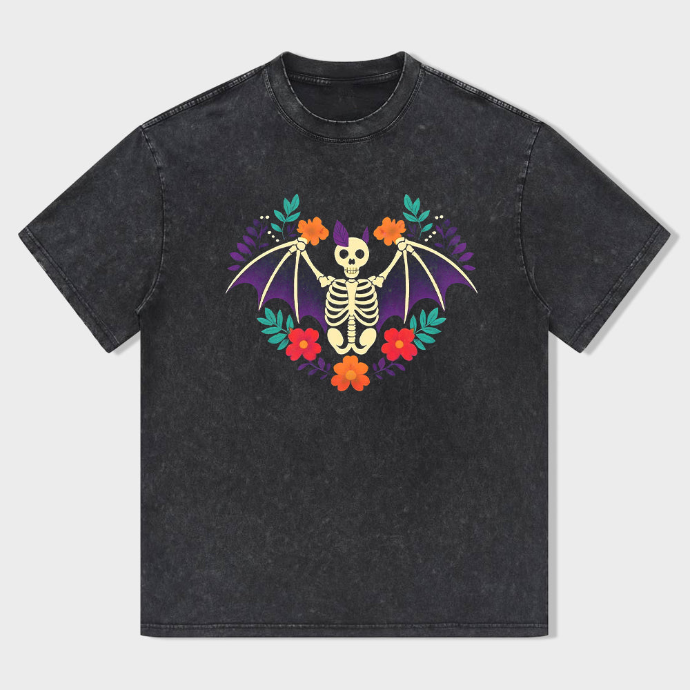 Day of the Dead Skeleton Floral Bat Wings Graphic T-Shirt