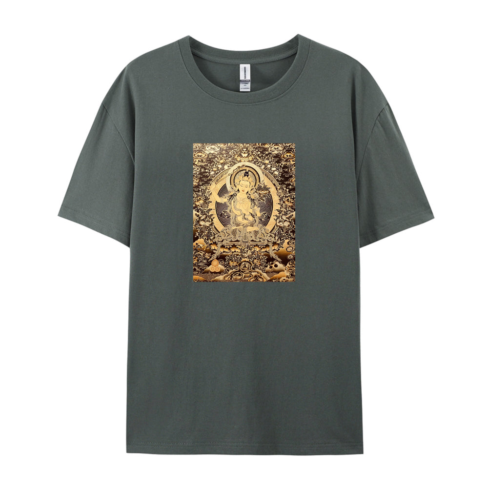 Buddhist Deity Art Print T-Shirt for Men Women  Spiritual Meditation Clothing  Unique Design Graphic Tee  Comfortable Casual Wear  Gold and Brown Pattern Top