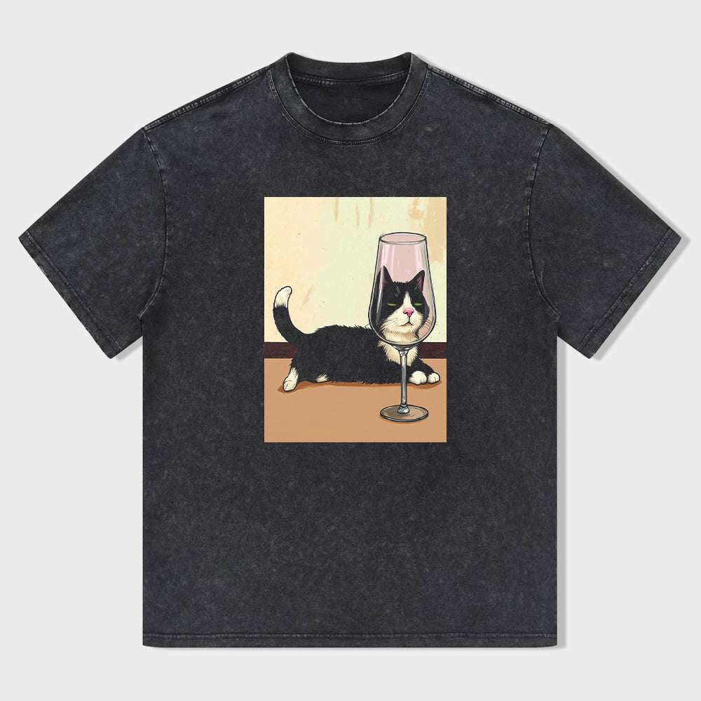 Cute Cat with Wine Glass Graphic T-Shirt