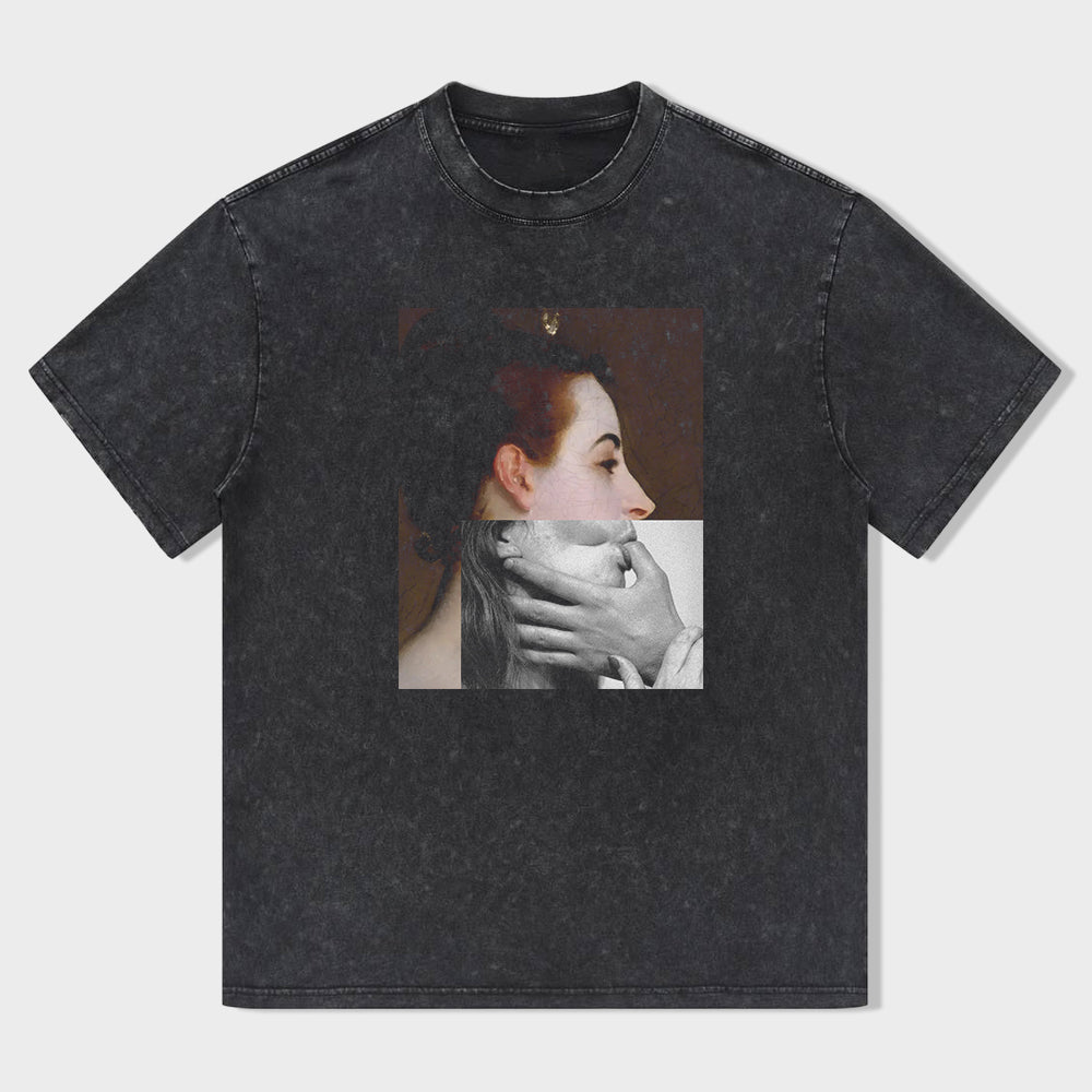 Vintage Washed Black T-Shirt with Unique Art Print Design for Women Men Unisex Fashion Casual Tee