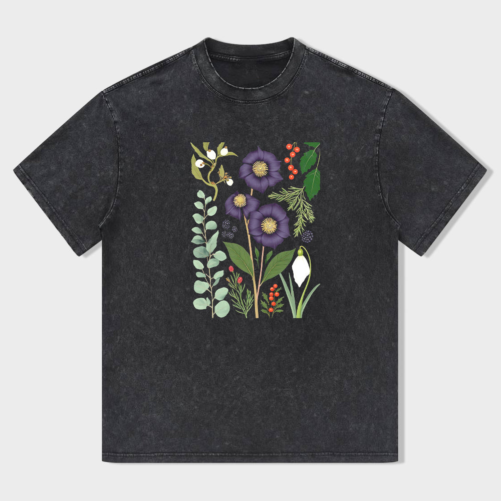 Classic Crew Neck T-Shirt Black Floral Bouquet Print for Casual Wear