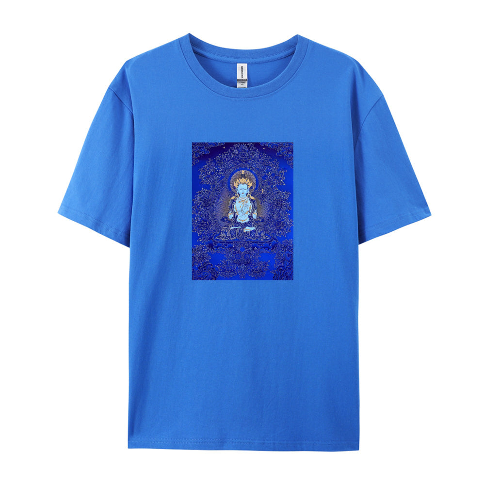 Buddha Art Print T-Shirt for Men Women - Blue Meditation Design Graphic Tee - Comfortable Casual Cotton Top - Spiritual Yoga Clothing - Unique Gift Idea