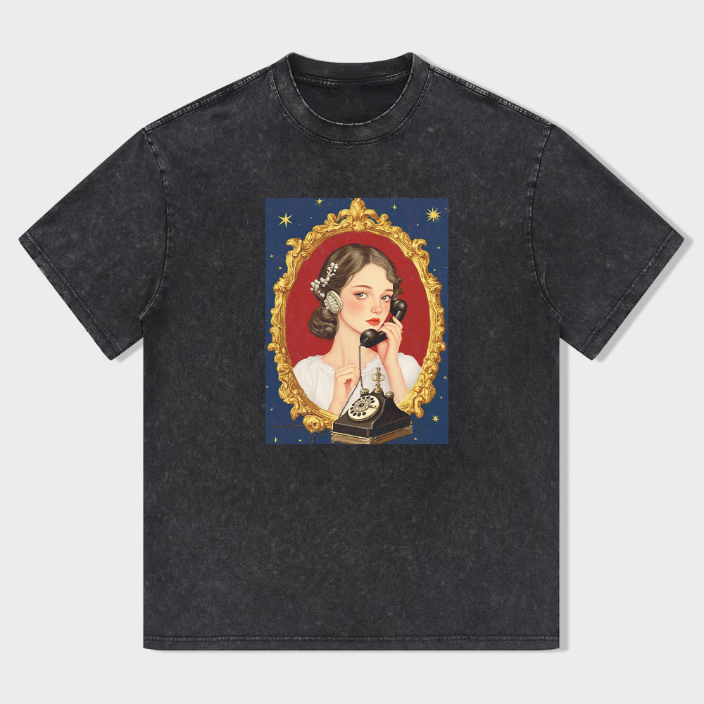 Vintage Black T-Shirt with Baroque Portrait Print
