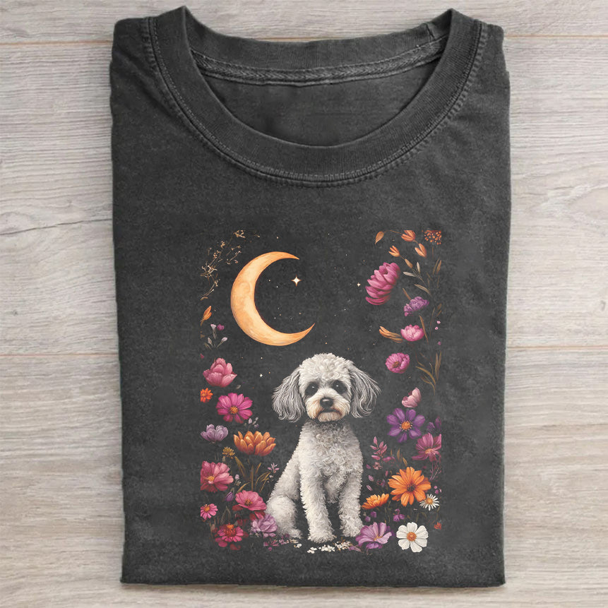 Cute Dog Floral Moon Night Graphic T-Shirt
