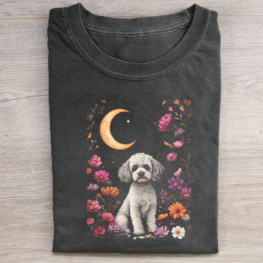 Cute Dog Floral Moon Night Graphic T-Shirt