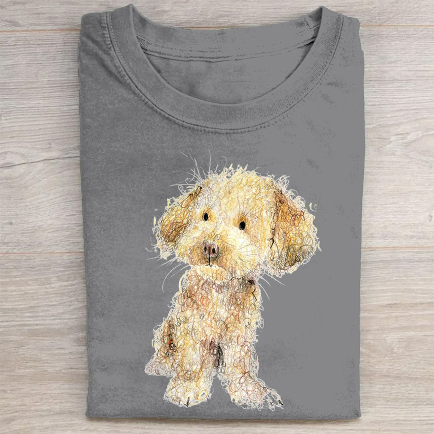 Cute Dog Scrawled Puppy Art Print Casual Short Sleeve T-Shirt