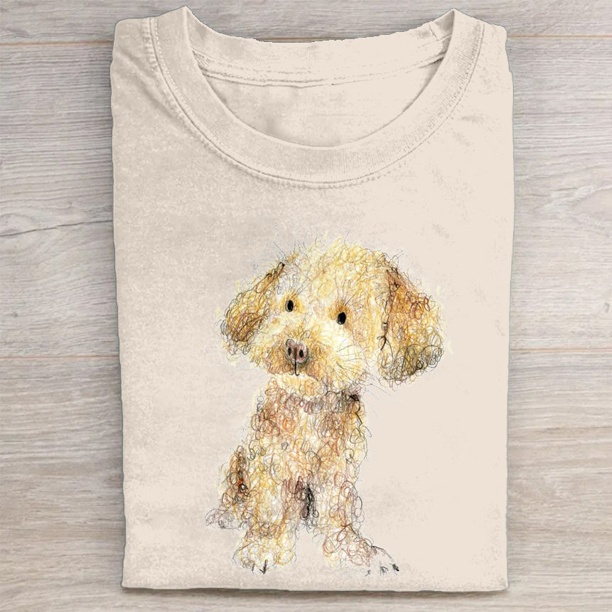 Cute Dog Scrawled Puppy Art Print Casual Short Sleeve T-Shirt