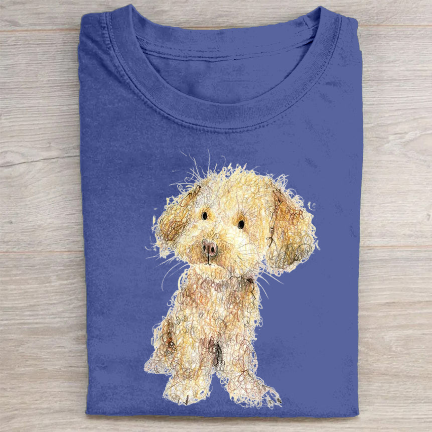 Cute Dog Scrawled Puppy Art Print Casual Short Sleeve T-Shirt