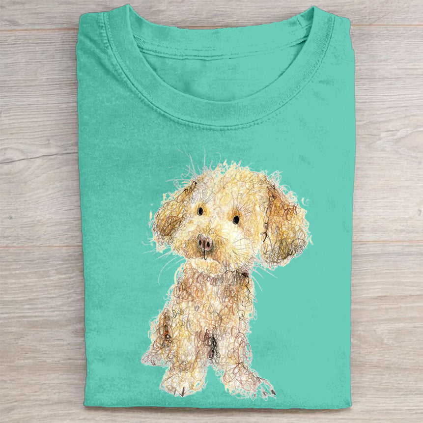 Cute Dog Scrawled Puppy Art Print Casual Short Sleeve T-Shirt