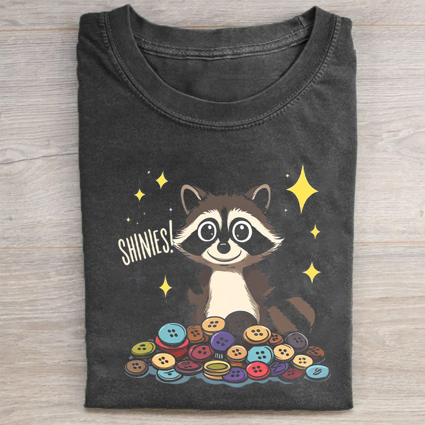 Short Sleeve Black T-Shirt with Raccoon and Donuts Print - Casual Wear for Everyday