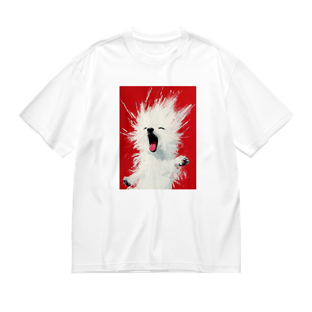 White T-Shirt with Red and White Abstract Art Print
