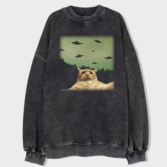 Cat Selfie With UFO Art Acid Wash Sweatshirt