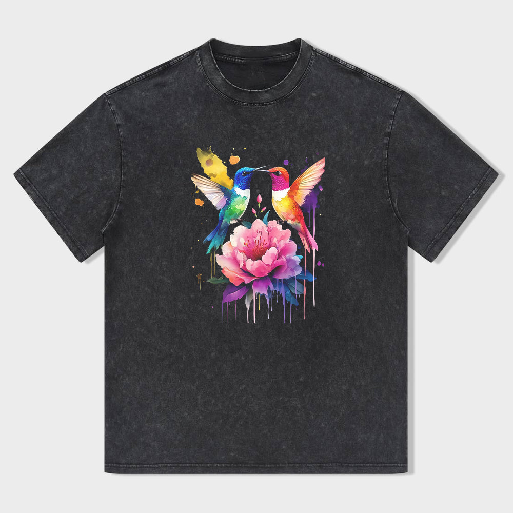 Short Sleeve Black T-Shirt with Colorful Hummingbird and Flower Print for Casual Wear
