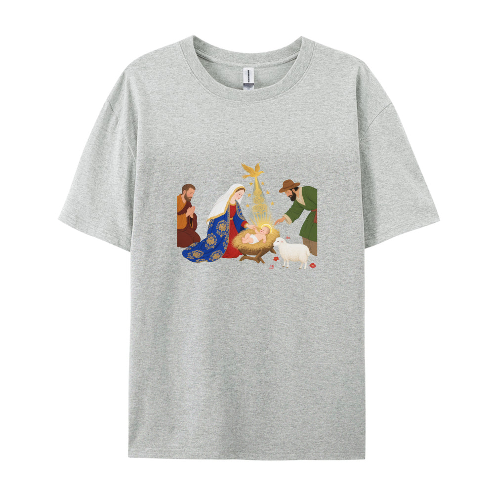 Christmas Nativity Scene T-Shirt  Festive Holiday Jesus Birth Design  Men Women Unisex Graphic Tee  Xmas Gift Idea for Family Friends  Comfortable Soft Cotton Blend Material  White Crewneck Top with Vibrant Print