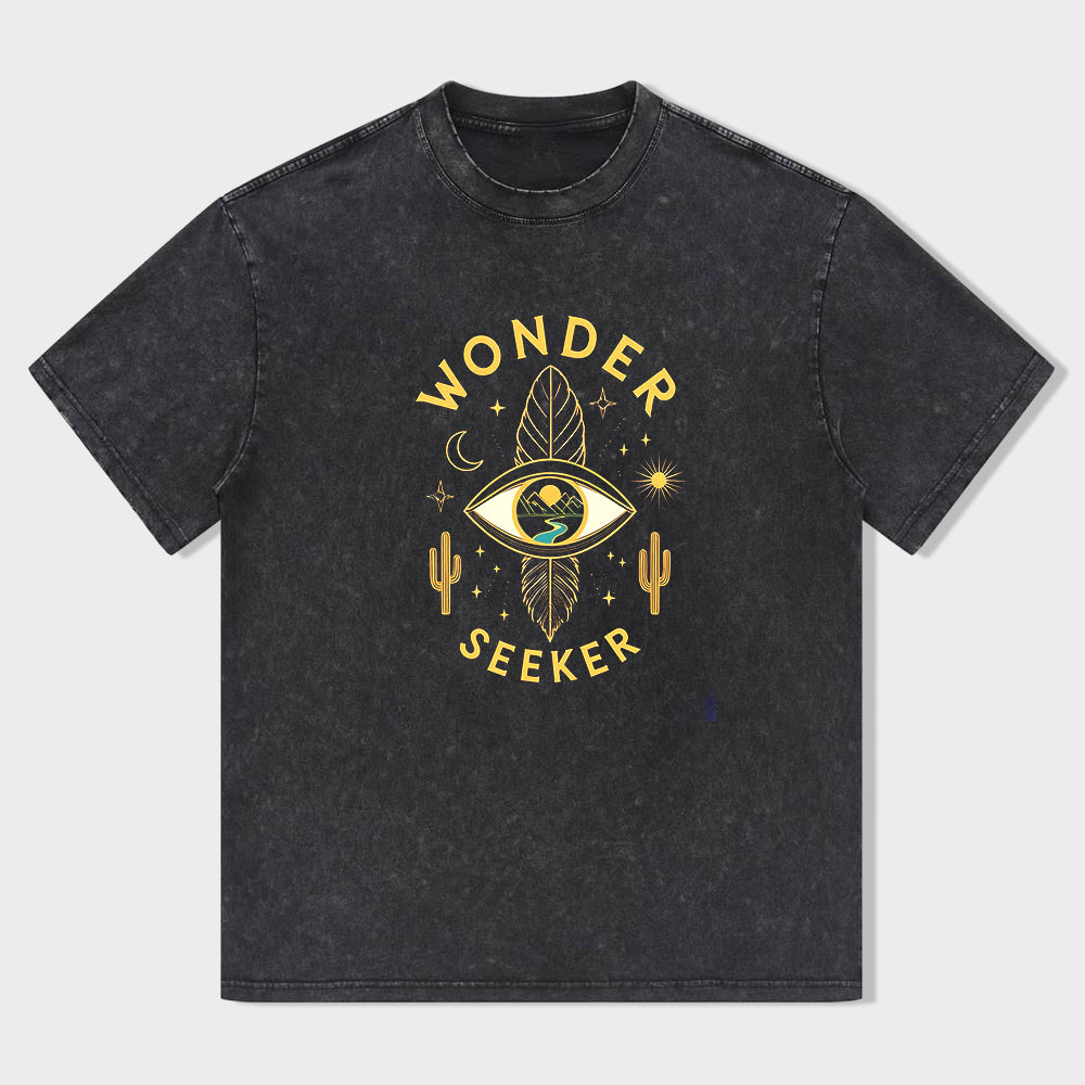 Retro T-Shirt Black Wonder Seeker Eye and Cactus Print for Travel Adventures