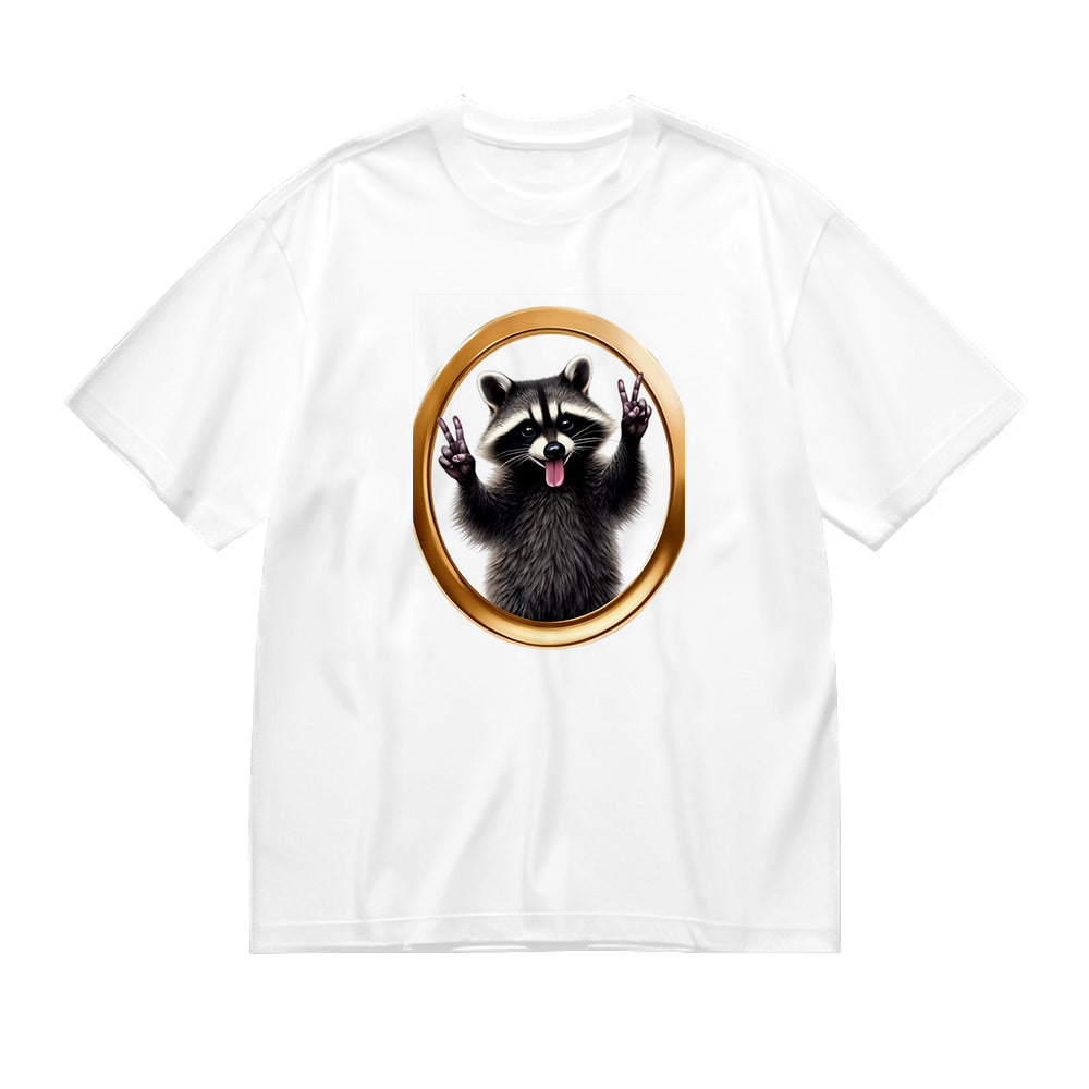 Round Neck White T-Shirt with Raccoon in Gold Frame Print for Casual Wear