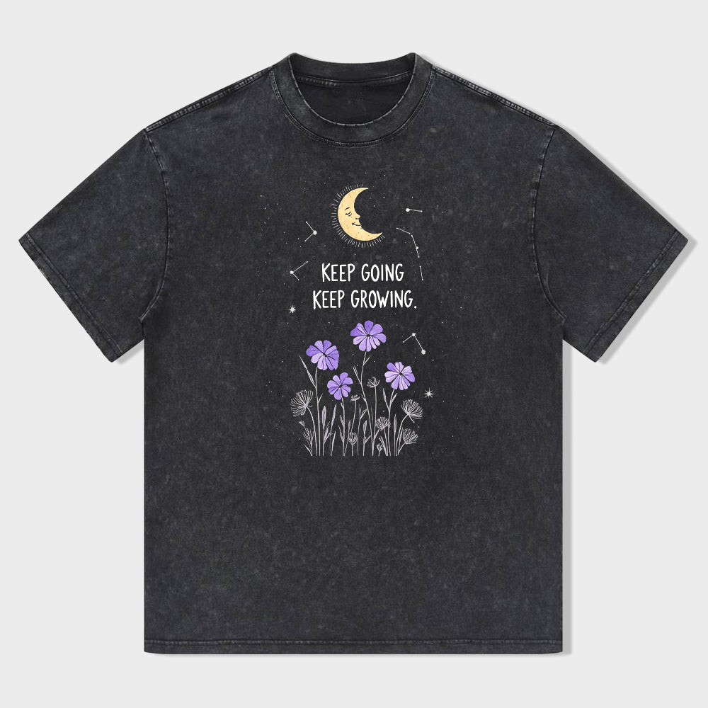 Short Sleeve Black T-Shirt with Keep Going Keep Growing Moon and Flowers Print for Casual Wear
