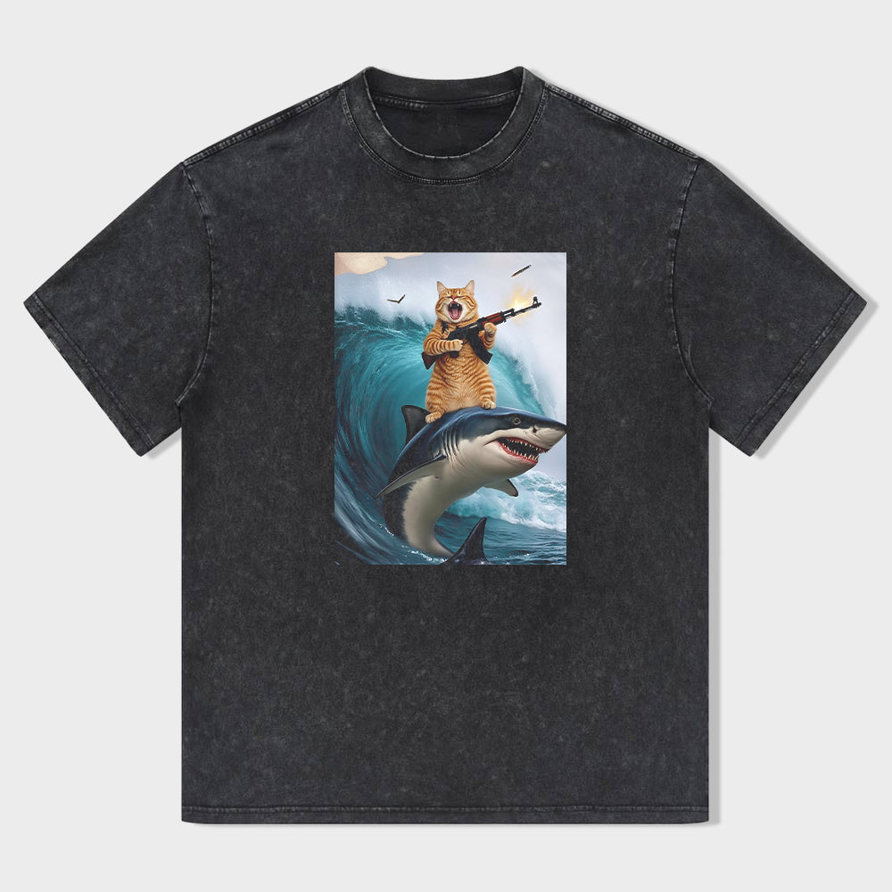 Funny Cat Riding Shark Graphic T-Shirt