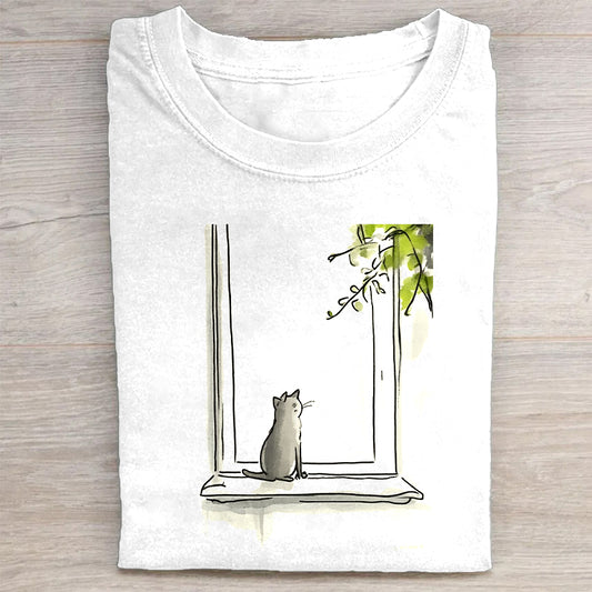 Cute Cat by Window with Lilies of the Valley Print T-Shirt
