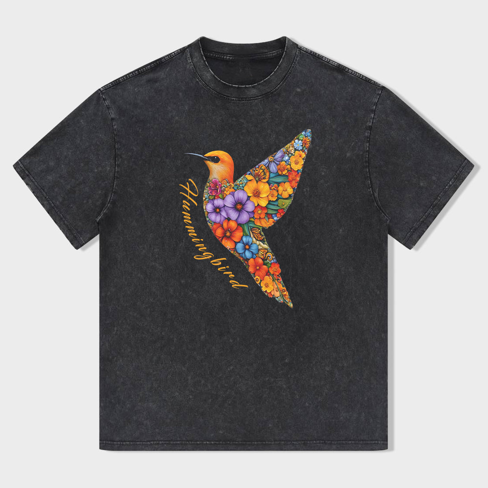 Short Sleeve Black T-Shirt with Floral Hummingbird Print for Casual Wear
