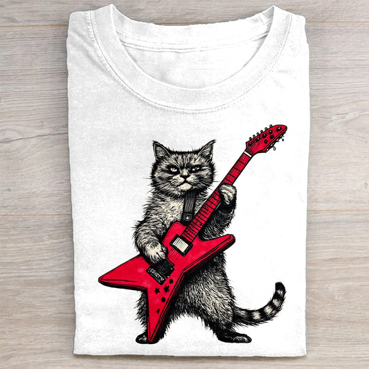 Cute Cat Playing Red Guitar Graphic T-Shirt