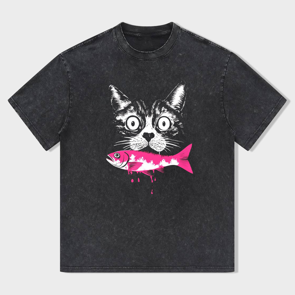 Cute Cat with Fish Graphic T-Shirt