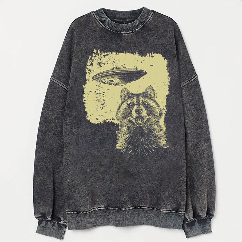 Raccoon Taking Selfie with UFOs Funny T-Shirt/Sweatshirt - heygraff