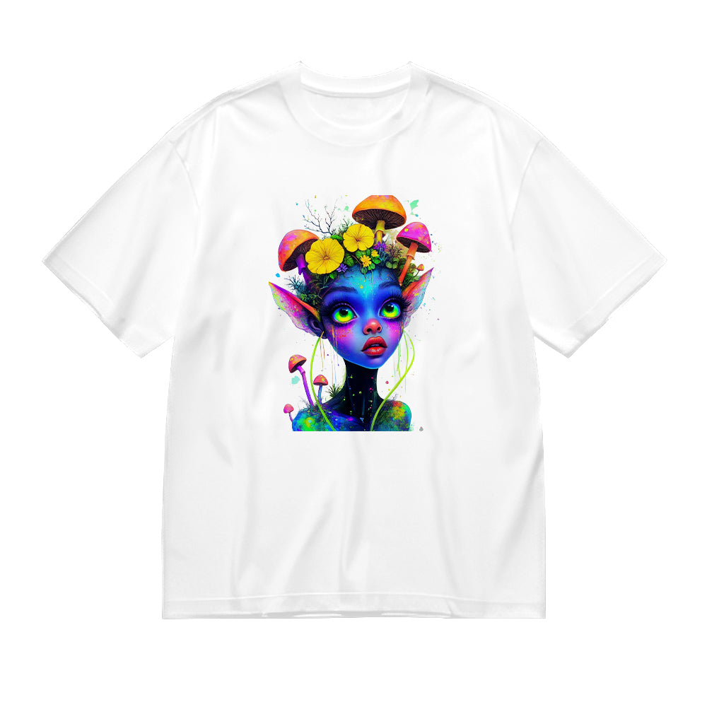 Colorful Fantasy Woman with Flowers and Mushrooms Art Print T-Shirt