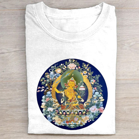 Buddhist Thangka Art T-Shirt  Golden Buddha Design  Spiritual Meditation Clothing  Unique Tibetan Mandala Graphic Tee  Unisex Casual Wear  Comfortable Cotton Material  Ideal for Yoga and Mindfulness Practitioners