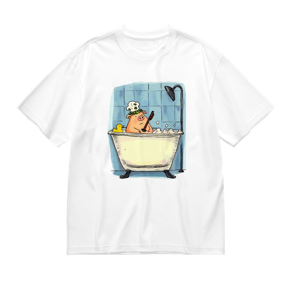 Cute Pig in Bathtub Cartoon Print T-Shirt