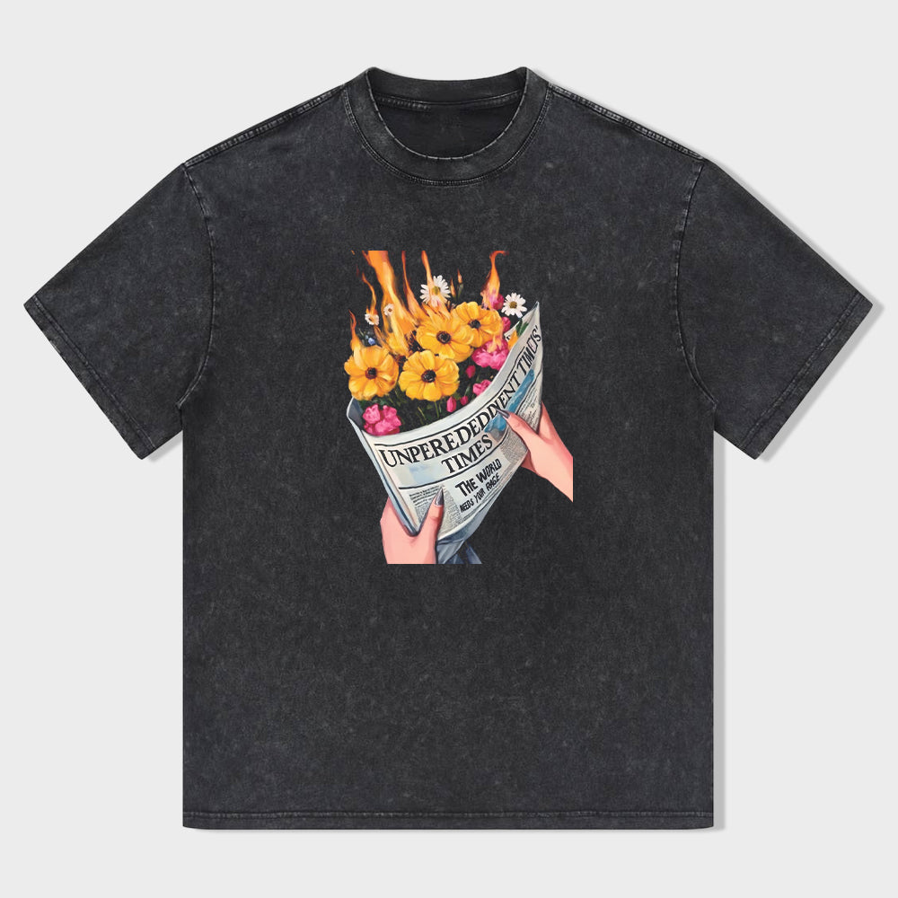 Unisex Graphic T-Shirt with Newspaper and Floral Design for Men Women Casual Wear T-Shirt