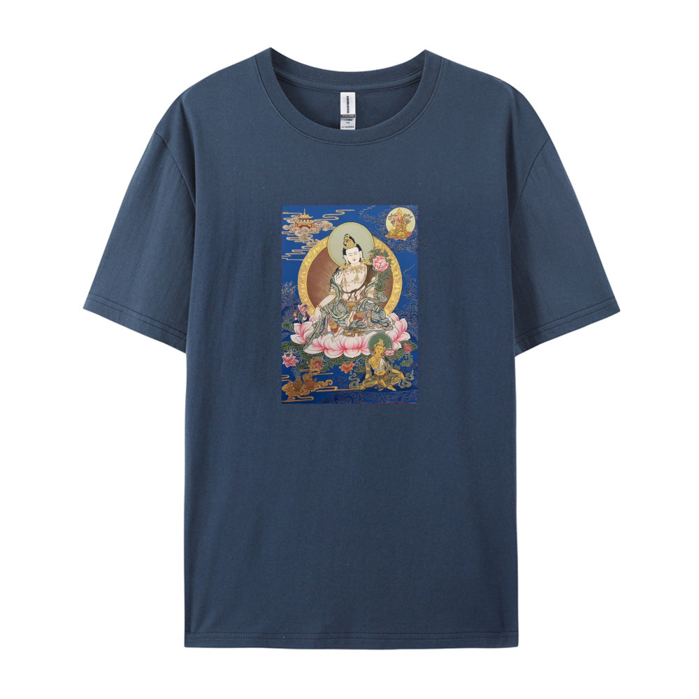 Buddhist Thangka Art T-Shirt for Men Women - White Cotton Tee with Traditional Tibetan Lotus Flower Design - Comfortable Casual Wear for Yoga Meditation and Daily Use