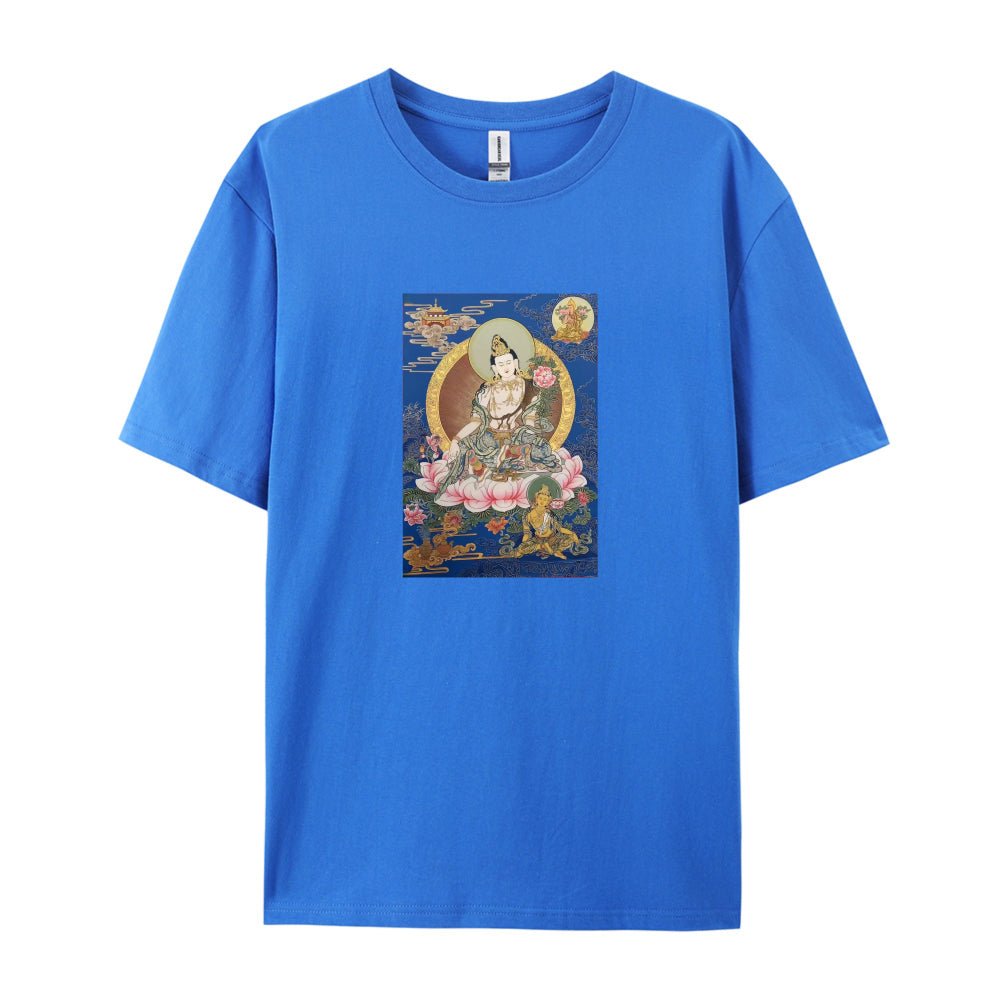Buddhist Thangka Art T-Shirt for Men Women - White Cotton Tee with Traditional Tibetan Lotus Flower Design - Comfortable Casual Wear for Yoga Meditation and Daily Use