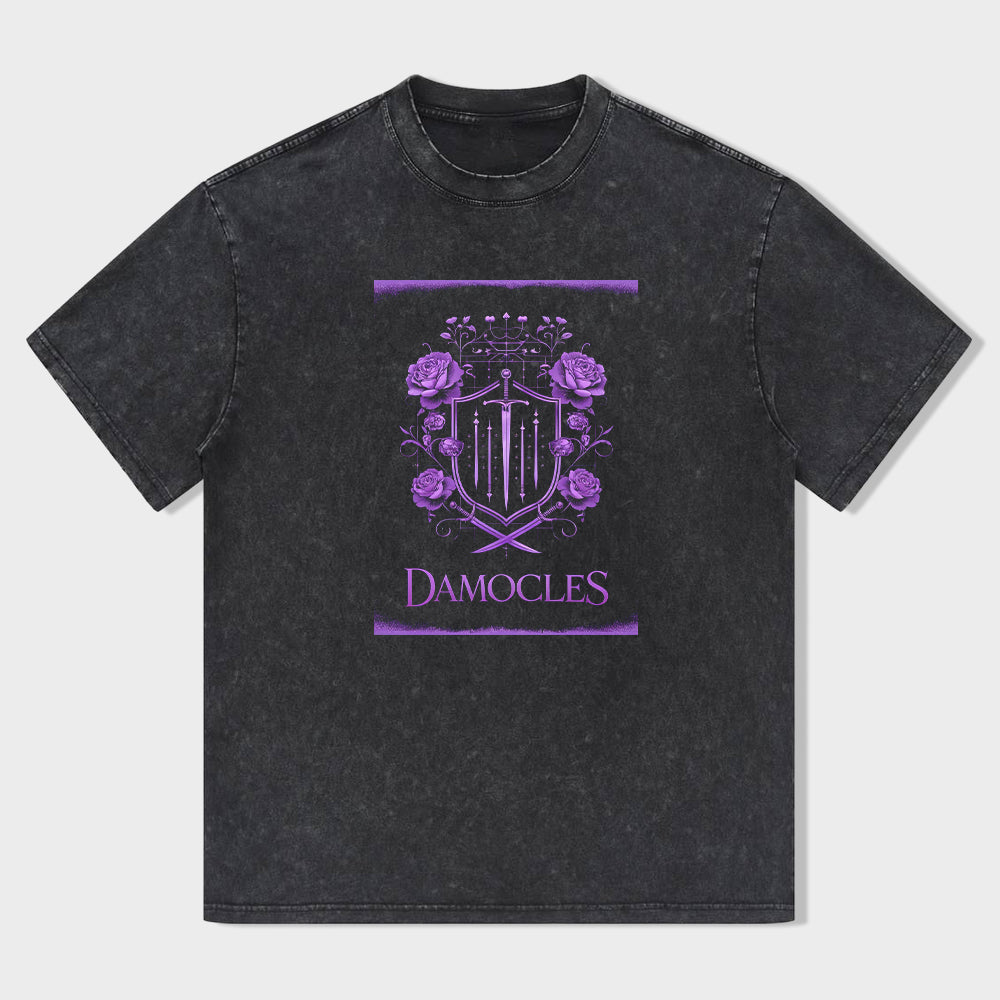 Damocles Graphic T-Shirt with Purple Heraldic Design Men's Fashion Tee