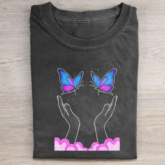 Butterfly Hands Graphic Tee Women's Fashion Casual Short Sleeve T-Shirt