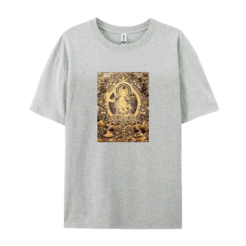 Buddhist Deity Art Print T-Shirt for Men Women  Spiritual Meditation Clothing  Unique Design Graphic Tee  Comfortable Casual Wear  Gold and Brown Pattern Top