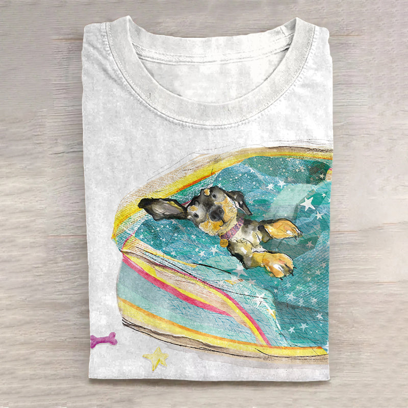 Scrawled Puppy Art Cute Swimming Dog Print Casual Short Sleeve T-Shirt