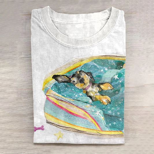Scrawled Puppy Art Cute Swimming Dog Print Casual Short Sleeve T-Shirt