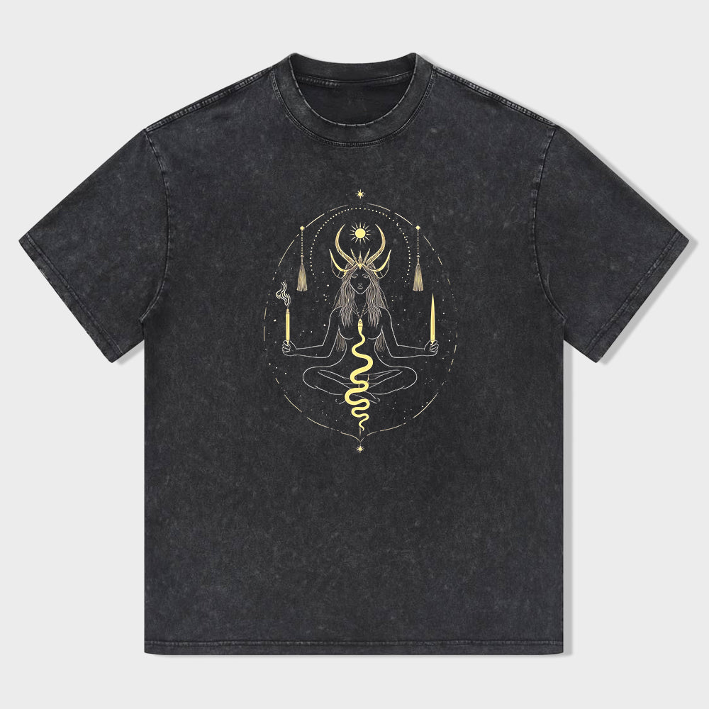 Round Neck Black T-Shirt with Golden Mystic Symbol Print for Casual Wear