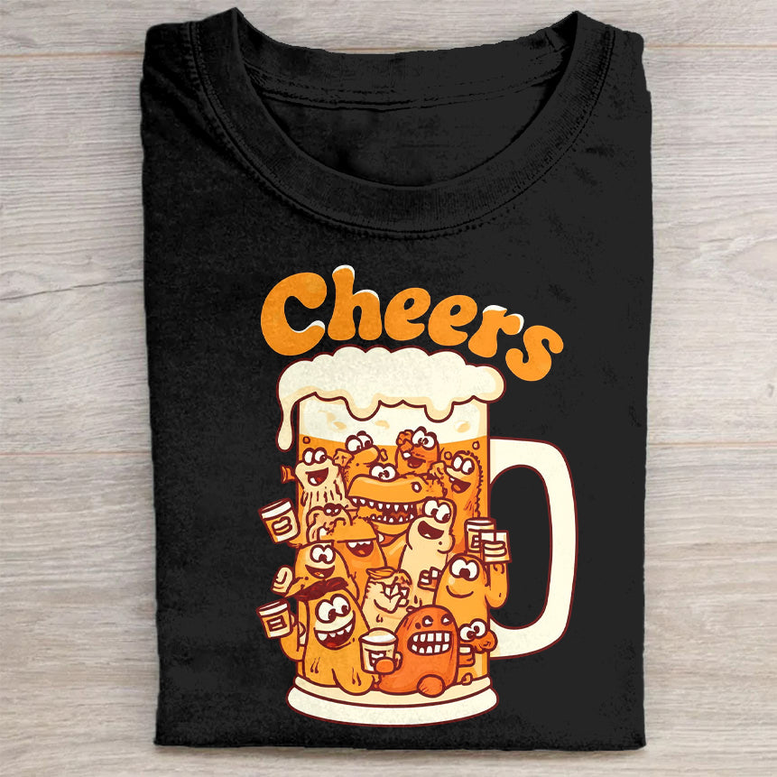 Cheers Beer Mug with Cute Characters Graphic T-Shirt